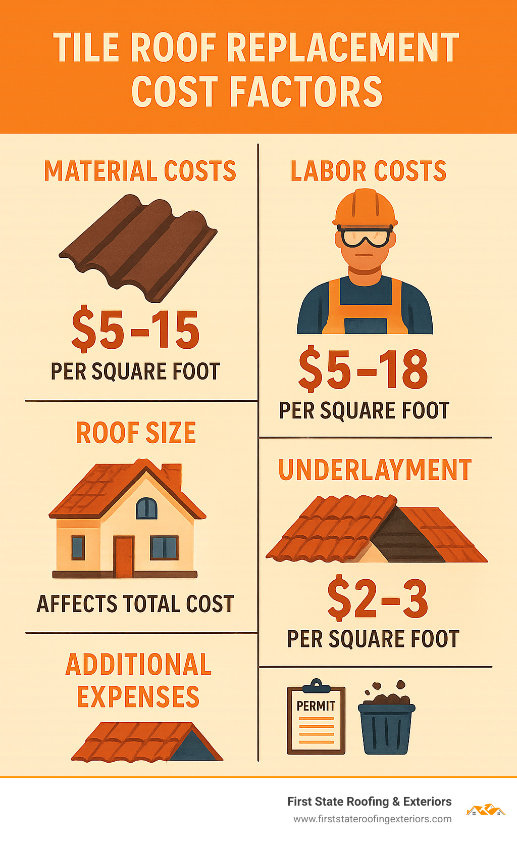 Infographic showing the main cost factors for tile roof replacement including material costs ranging from $5-15 per square foot, labor costs from $5-18 per square foot, roof size impact on total cost, underlayment replacement at $2-3 per square foot, and additional expenses like permits and debris removal - roof tile replacement infographic 
