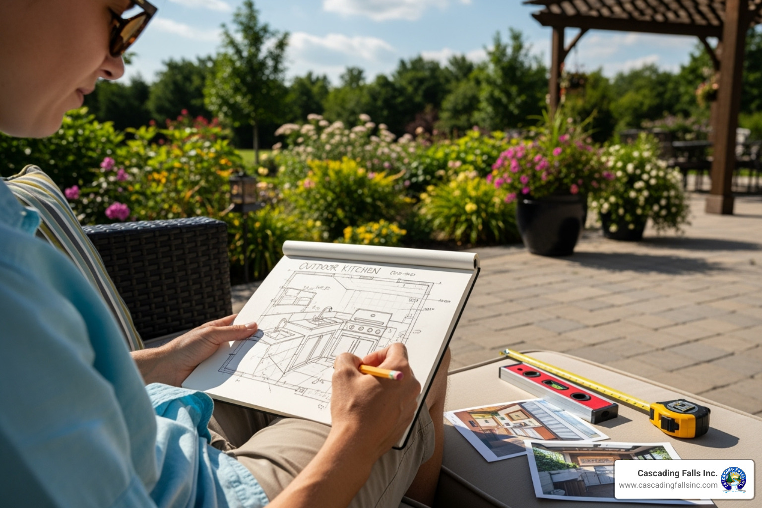 person sketching an outdoor kitchen layout on a patio - how to build an outdoor kitchen person sketching an outdoor kitchen layout on a patio - how to build an outdoor kitchen