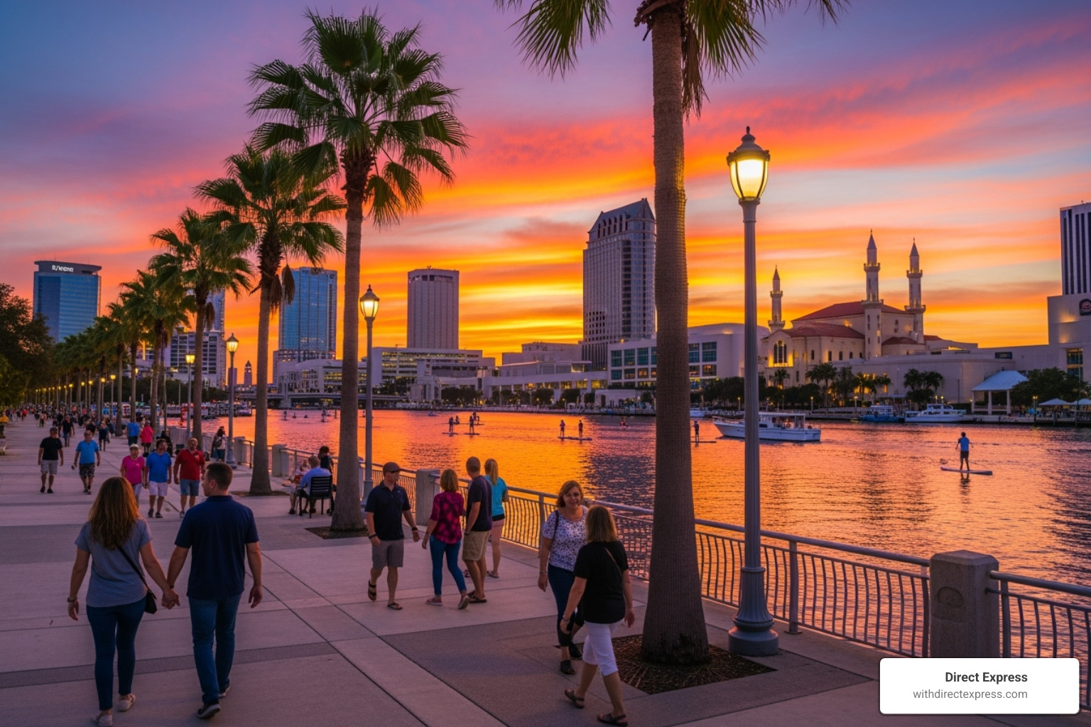 people enjoying the Tampa Riverwalk at sunset - downtown tampa condos for sale
