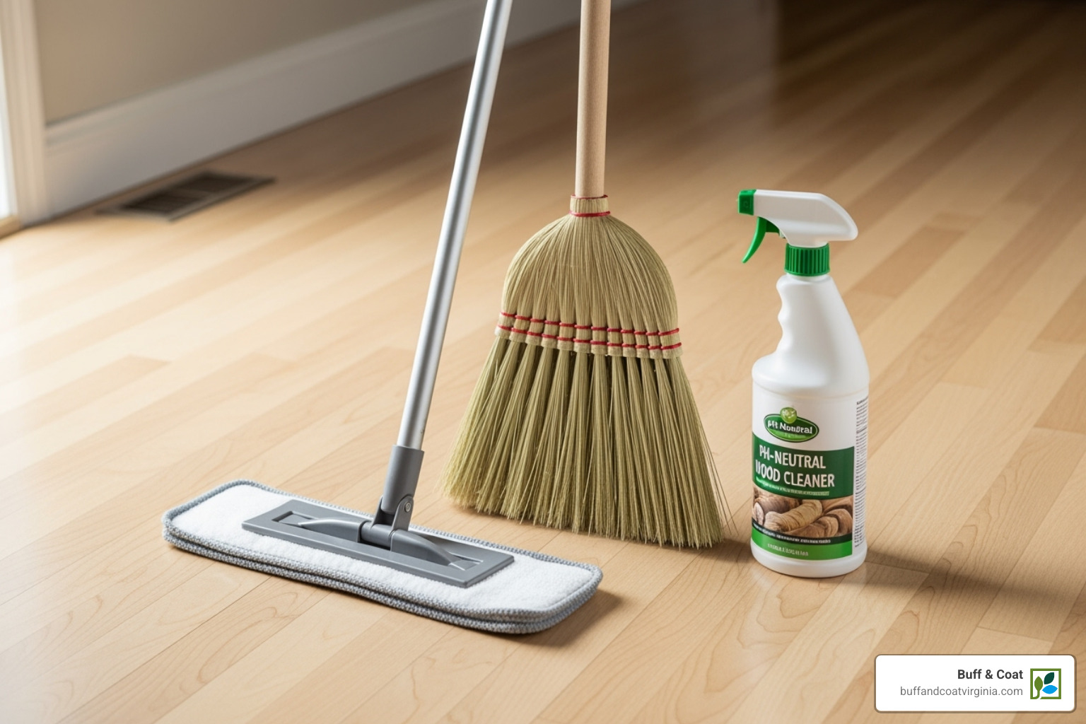 Cleaning supplies suitable for hardwood floors, including a soft-bristled broom, microfiber mop, and pH-neutral wood cleaner - richmond hardwood floors Cleaning supplies suitable for hardwood floors, including a soft-bristled broom, microfiber mop, and pH-neutral wood cleaner - richmond hardwood floors