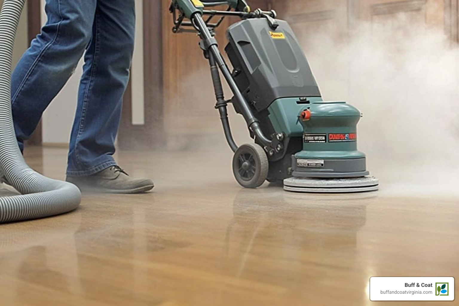 A professional using dust-free sanding equipment on a hardwood floor, highlighting cleanliness and efficiency - richmond hardwood floors A professional using dust-free sanding equipment on a hardwood floor, highlighting cleanliness and efficiency - richmond hardwood floors