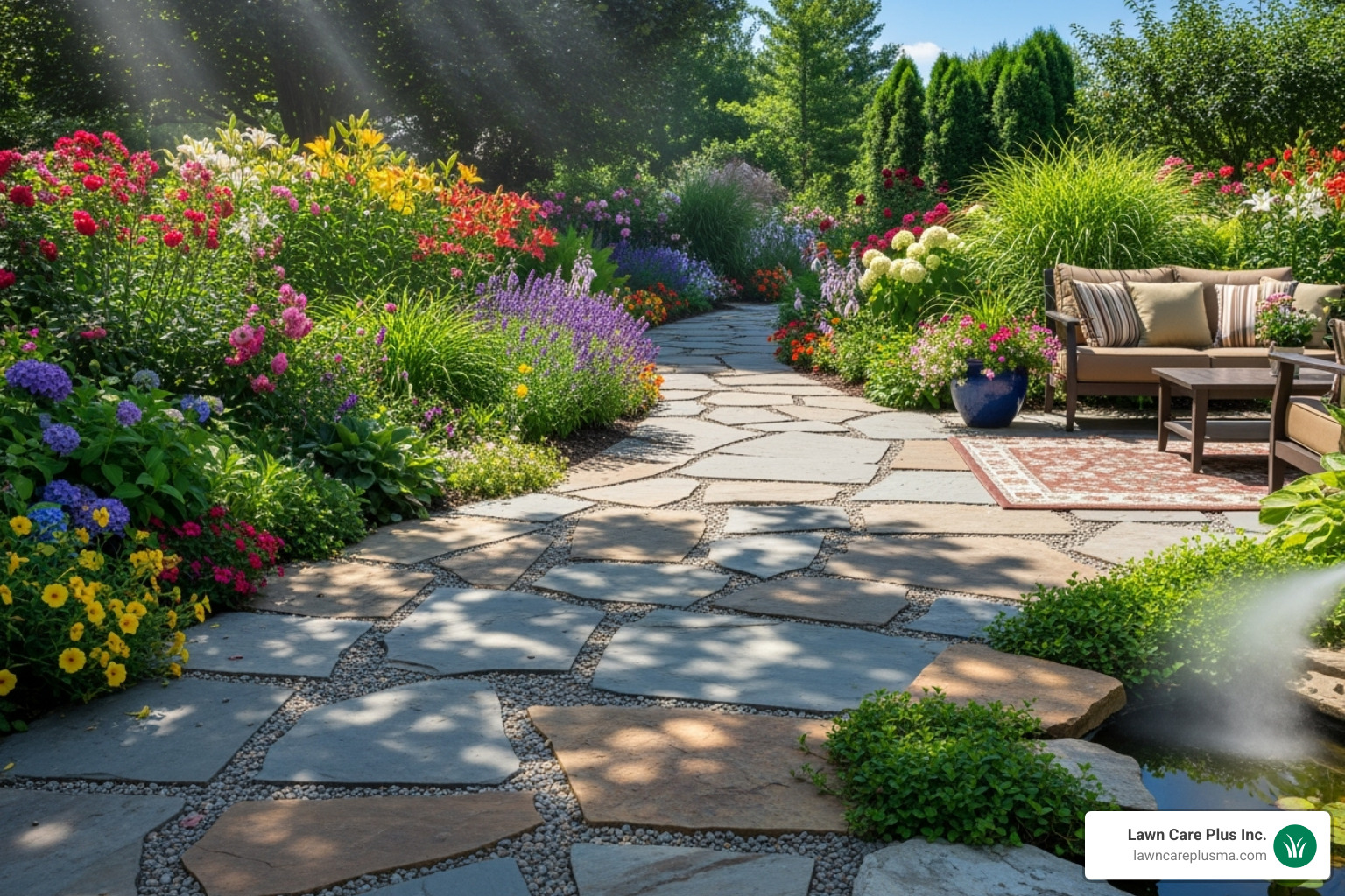 Custom stone patio and walkway leading to a lush garden - tree and landscape services near me Custom stone patio and walkway leading to a lush garden - tree and landscape services near me