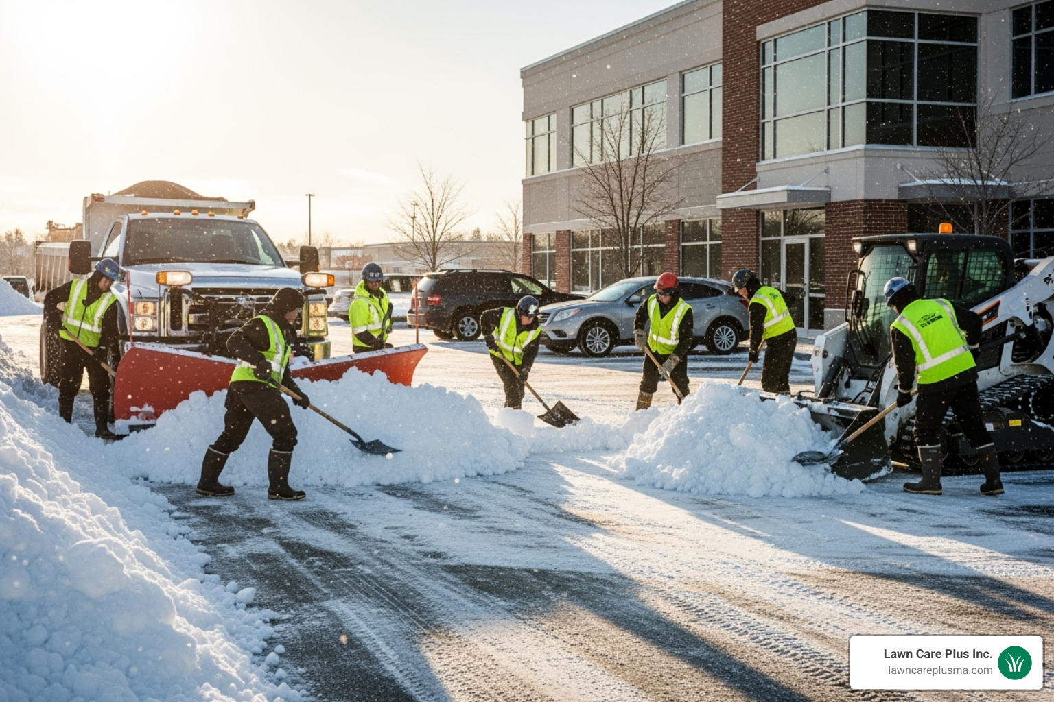Team performing professional snow removal on a commercial property, clearing a path through heavy snow - tree and landscape services near me Team performing professional snow removal on a commercial property, clearing a path through heavy snow - tree and landscape services near me