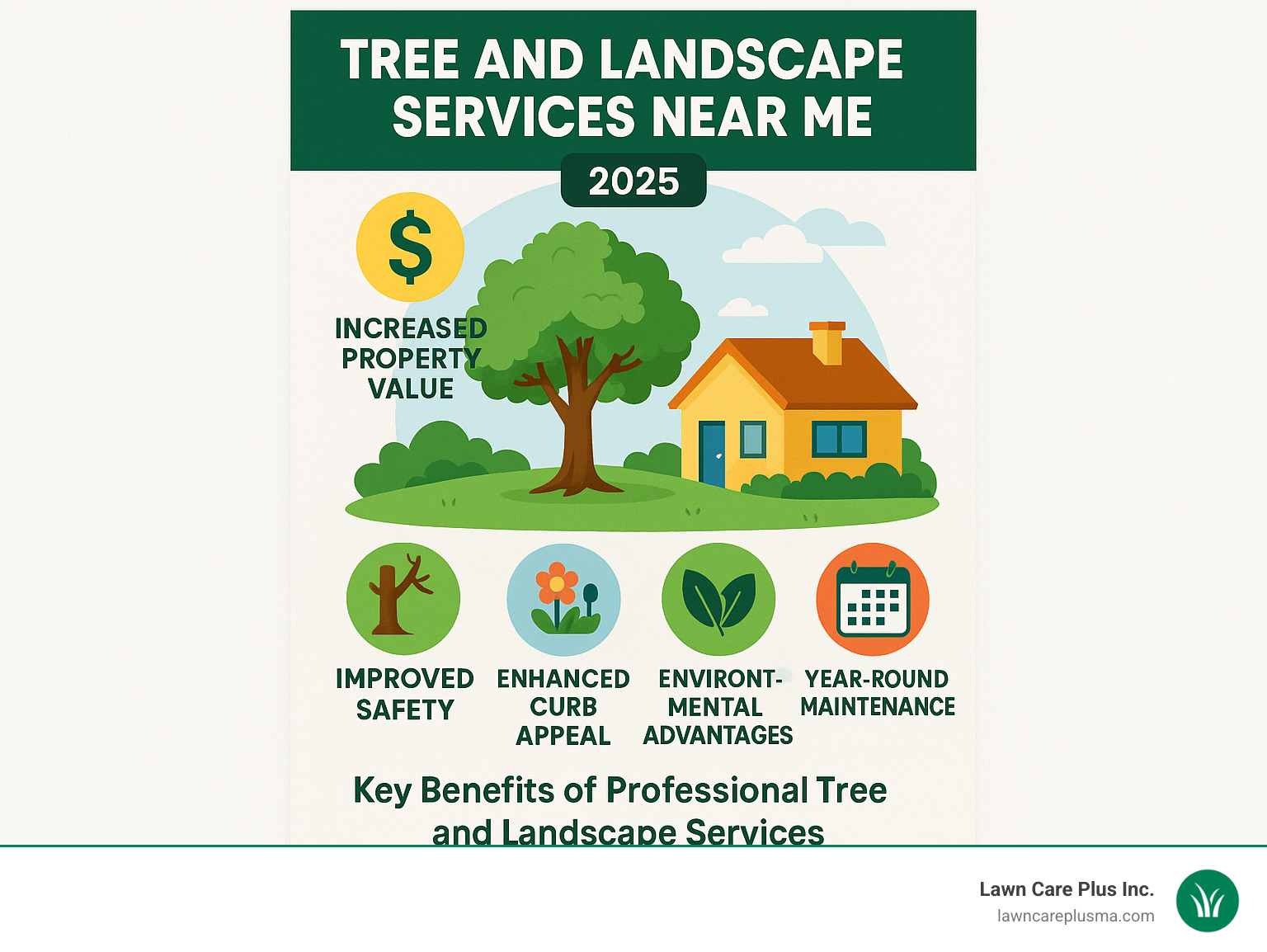 Comprehensive guide showing the key benefits of professional tree and landscape services including increased property value, improved safety, improved curb appeal, environmental advantages, and year-round maintenance schedules - tree and landscape services near me infographic Comprehensive guide showing the key benefits of professional tree and landscape services including increased property value, improved safety, improved curb appeal, environmental advantages, and year-round maintenance schedules - tree and landscape services near me infographic