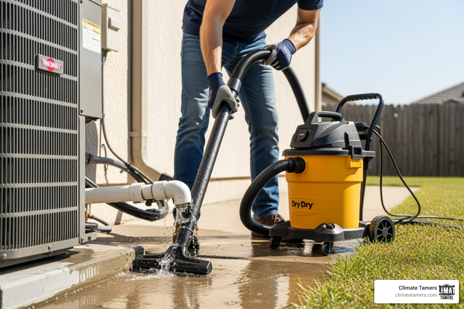 A homeowner using a wet/dry vac on an outdoor AC drain line to clear a clog - ac unit leaking
