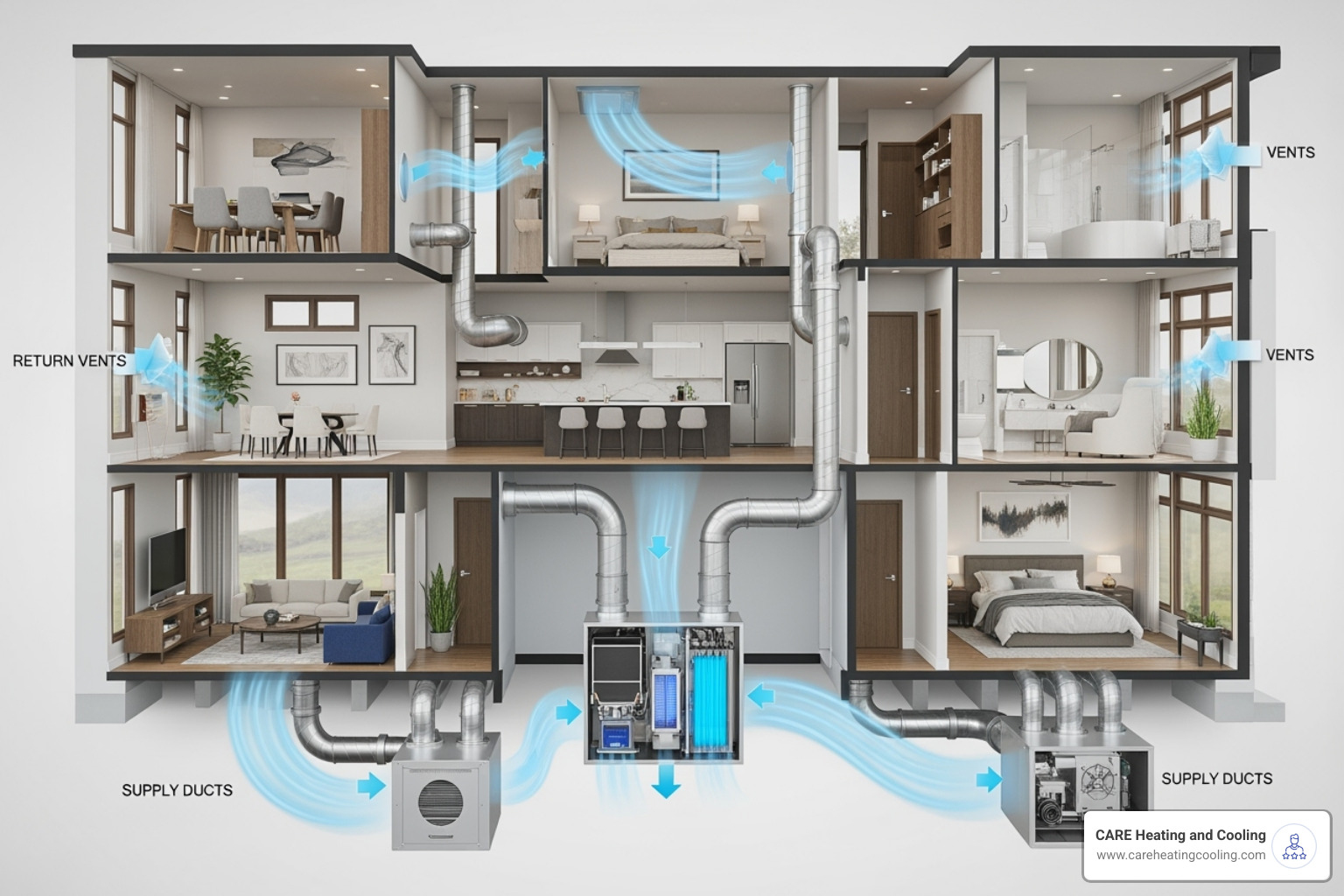 cutaway of a home showing an integrated whole-home air purification system - indoor air quality solutions