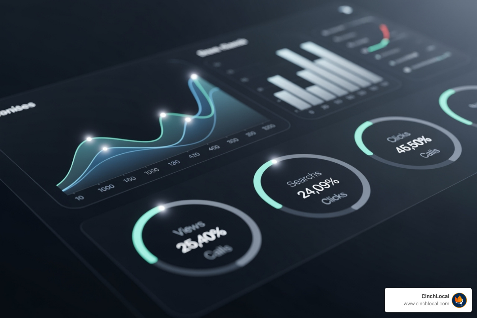 A screenshot of a Google Business Profile Insights dashboard showing various performance metrics such as views, searches, clicks, calls, and direction requests over time. - expert google maps seo