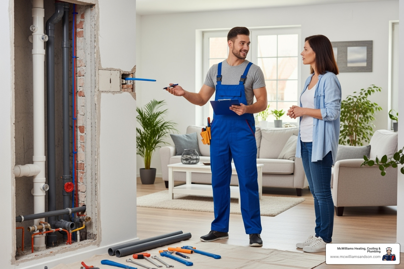 Plumber discussing a repiping project with a homeowner - home repiping with pex Plumber discussing a repiping project with a homeowner - home repiping with pex