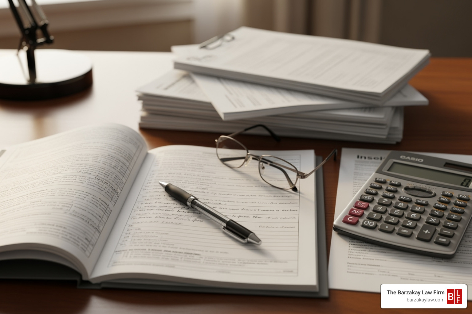 Medical documents, pen, and calculator on a desk, representing the calculation of damages in a personal injury case - motorcycle accident pain and suffering settlement