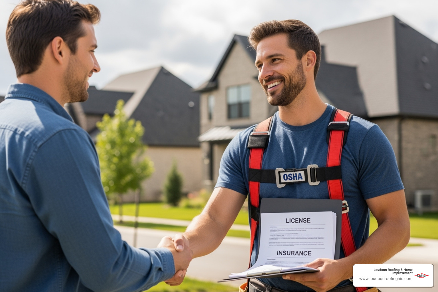 A roofer in a safety harness showing license and insurance documents to a homeowner, both smiling and shaking hands. - find a roofer