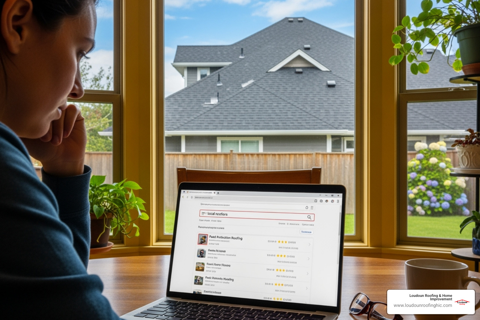 A homeowner searching for local roofers on a laptop, with a clean, well-maintained roof visible outside the window. - find a roofer