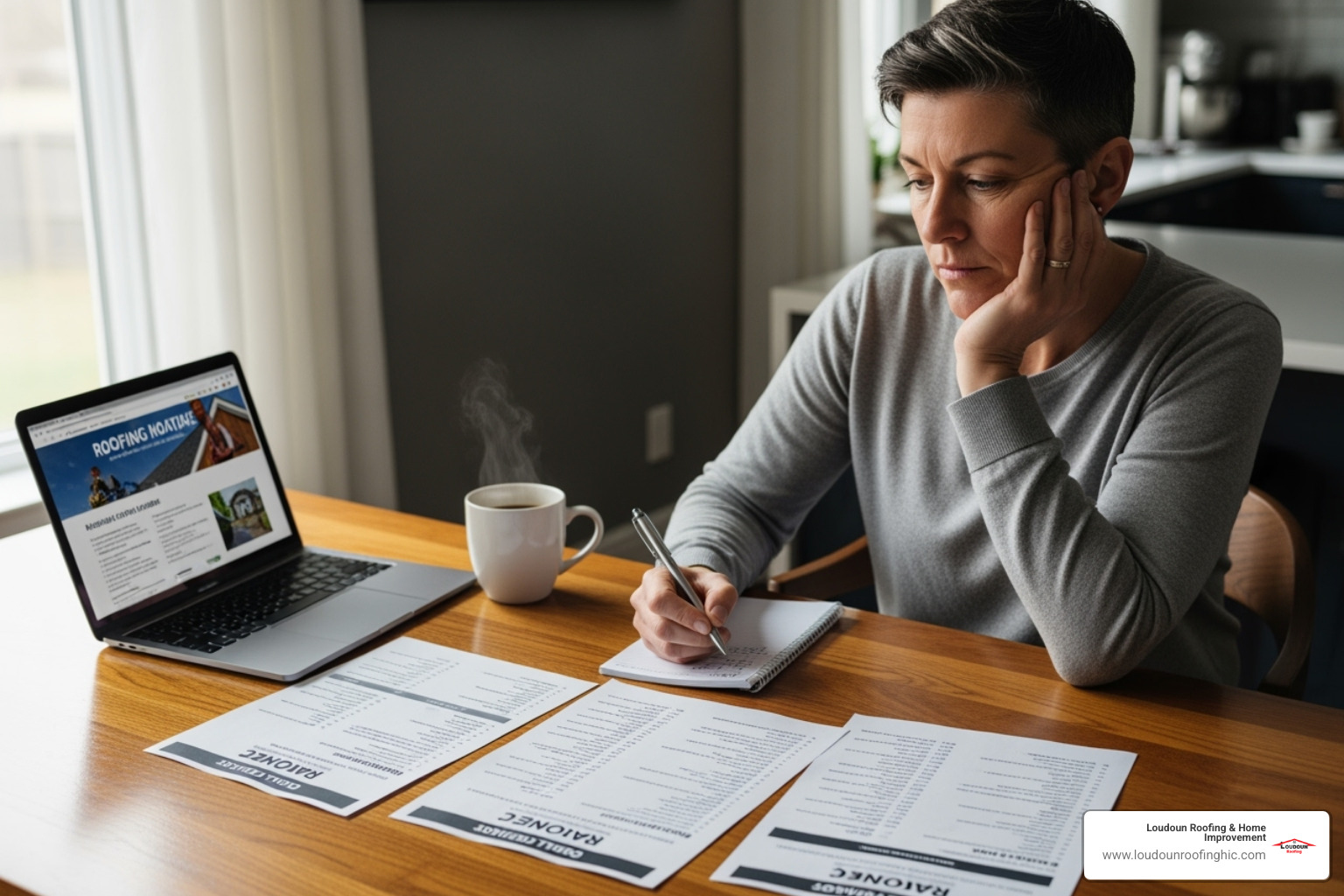 A homeowner sitting at a table, thoughtfully comparing three different detailed roofing quotes, with a pen and notepad. - find a roofer