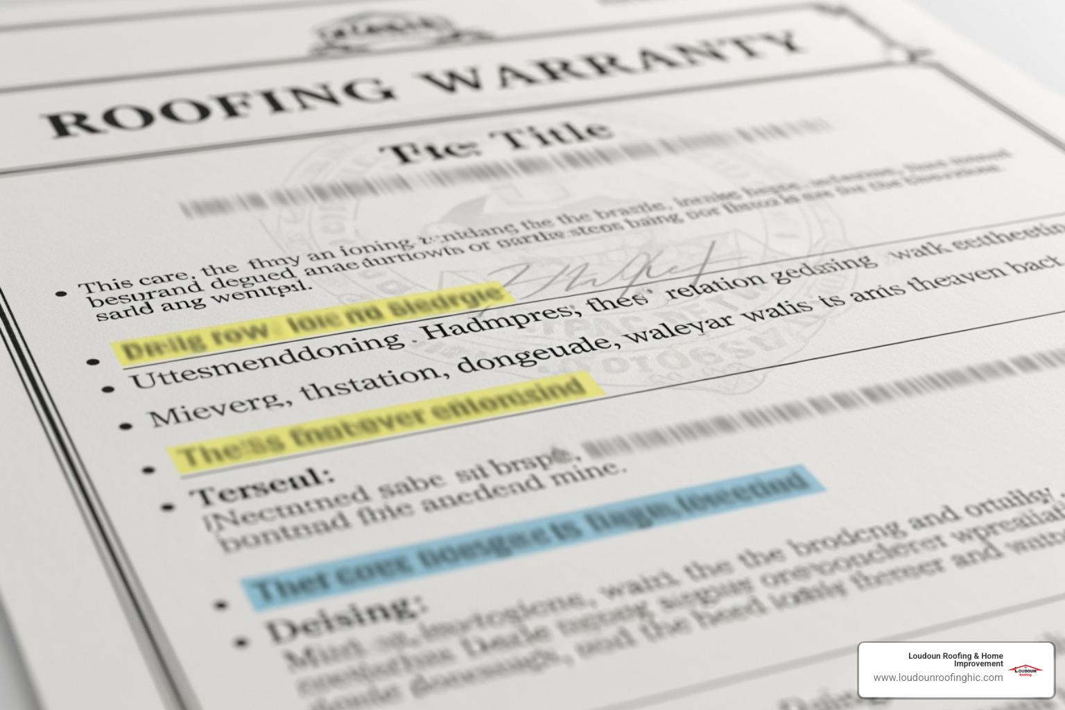 A close-up image of a roofing warranty document, highlighting key terms and conditions. - find a roofer