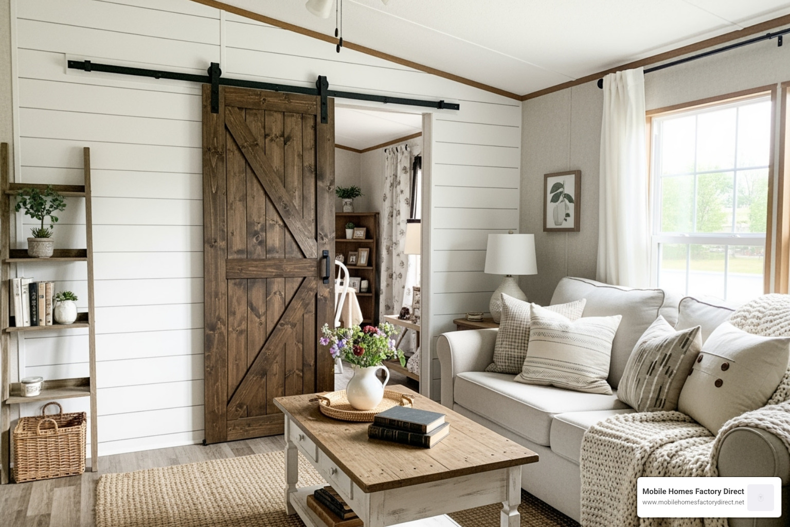 mobile home interior with farmhouse decor like shiplap and a barn door - New mobile home models