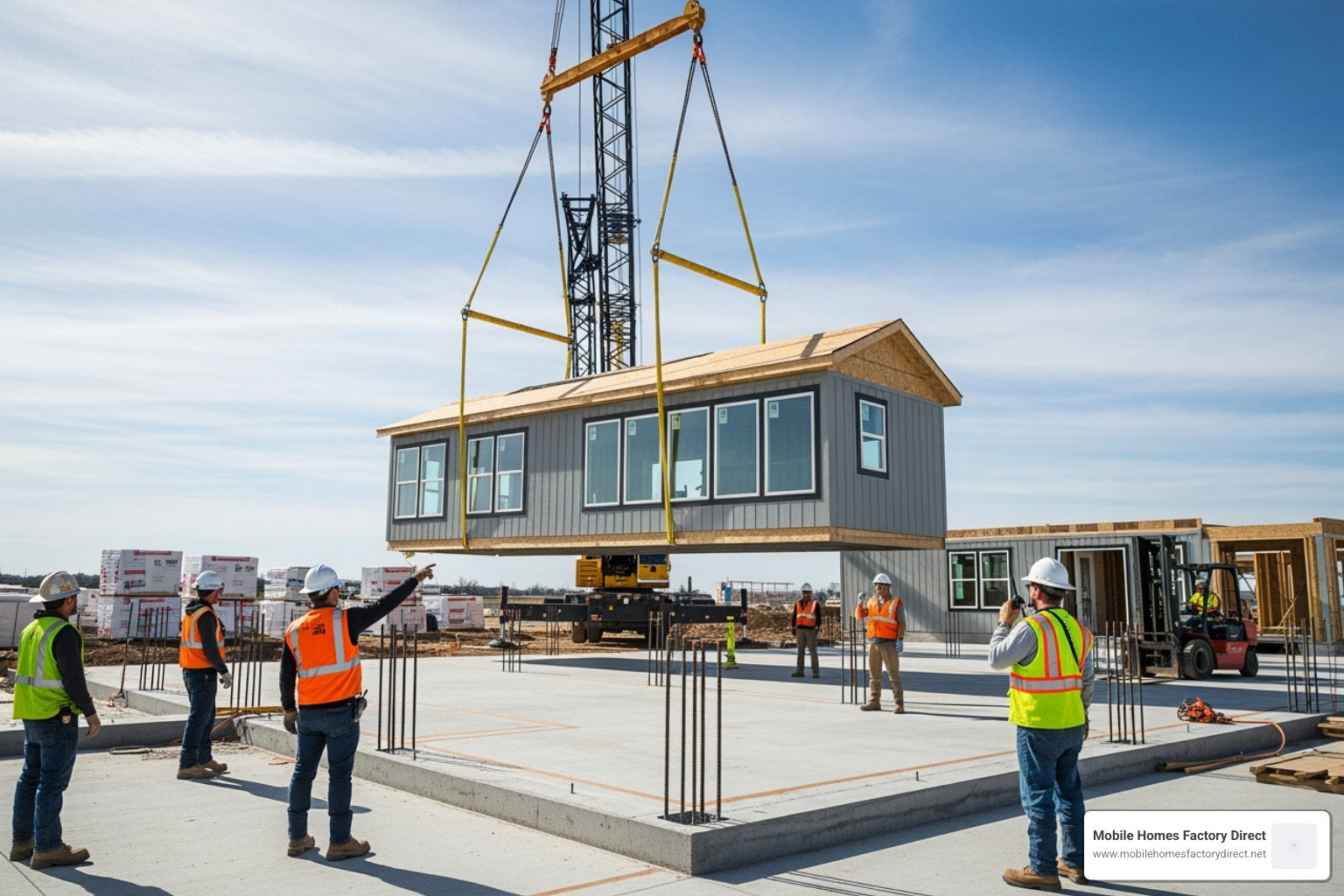 modular home module being craned onto a foundation - Modular home buying process