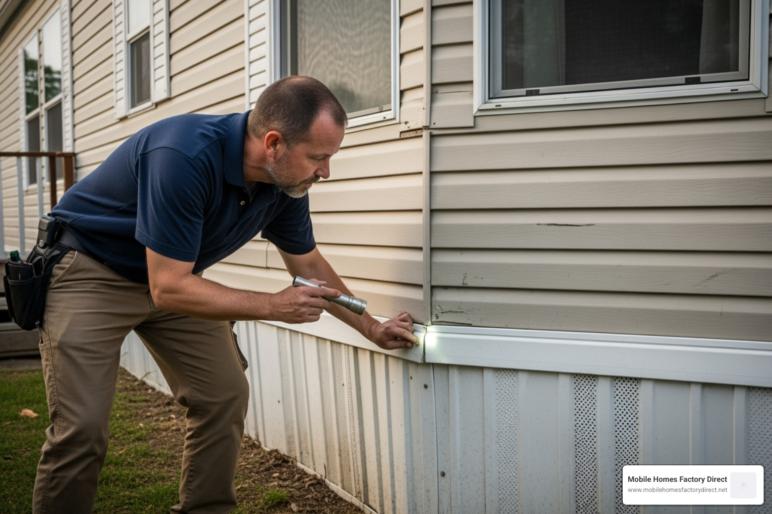 Person inspecting a mobile home's exterior - buying a repo mobile home