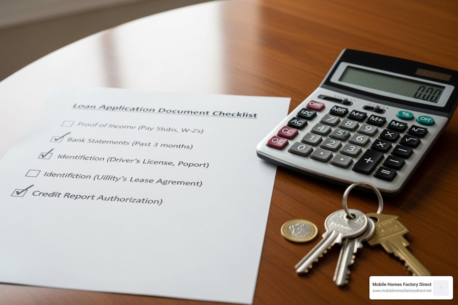 A checklist of documents for a loan application, next to a calculator and house keys. - Manufactured home loan