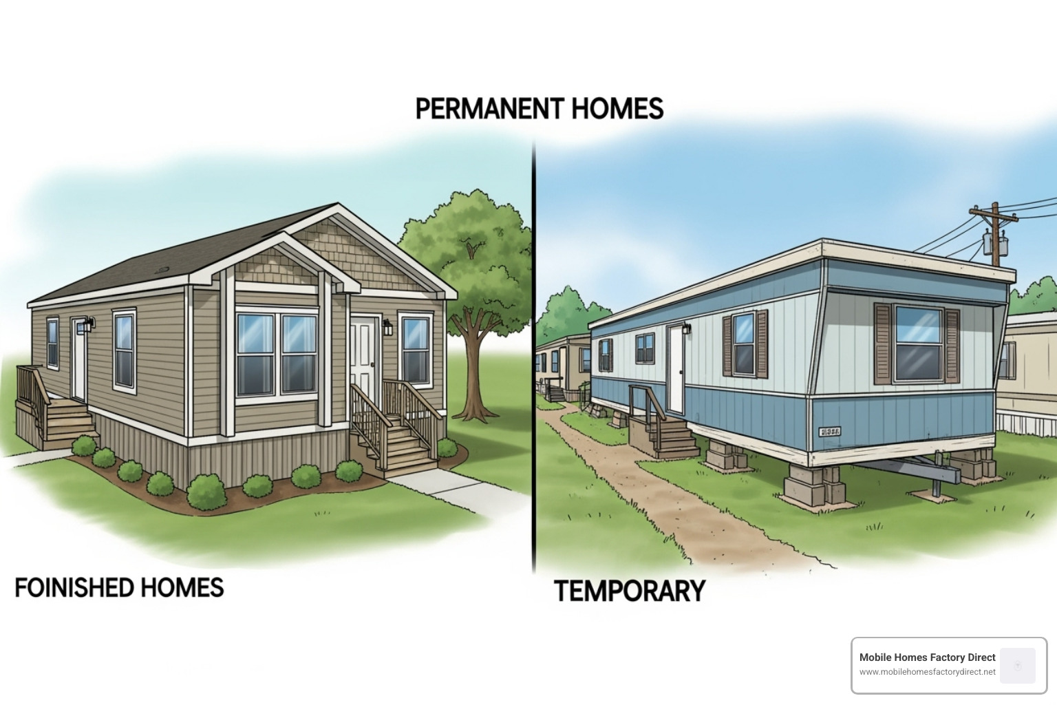 An illustration showing a manufactured home on a permanent concrete foundation on owned land on one side, and on the other, a manufactured home on temporary blocks in a mobile home park with leased land. - Manufactured home loan