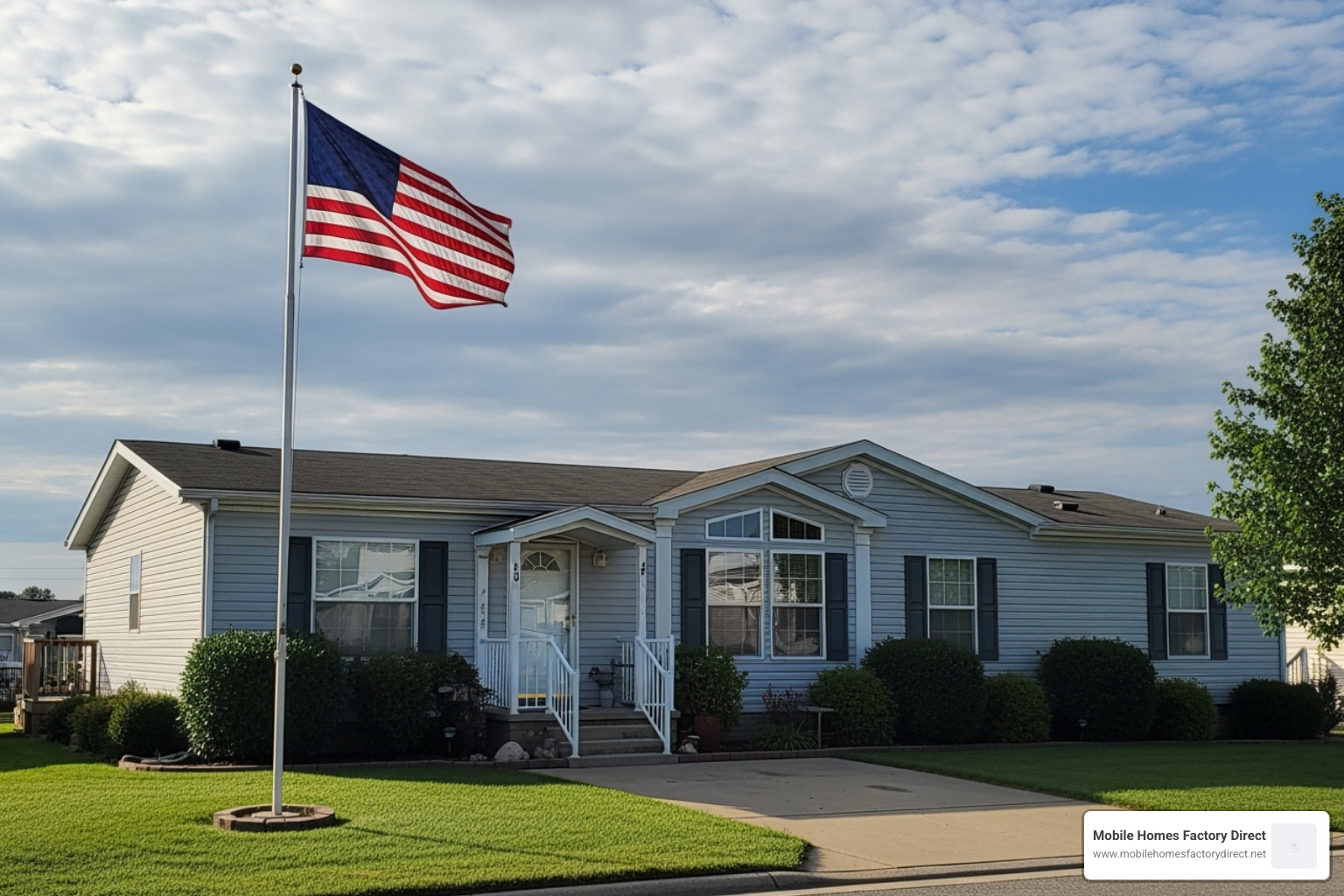 A manufactured home with an American flag flying proudly in the front yard, symbolizing government support for homeownership. - Manufactured home loan