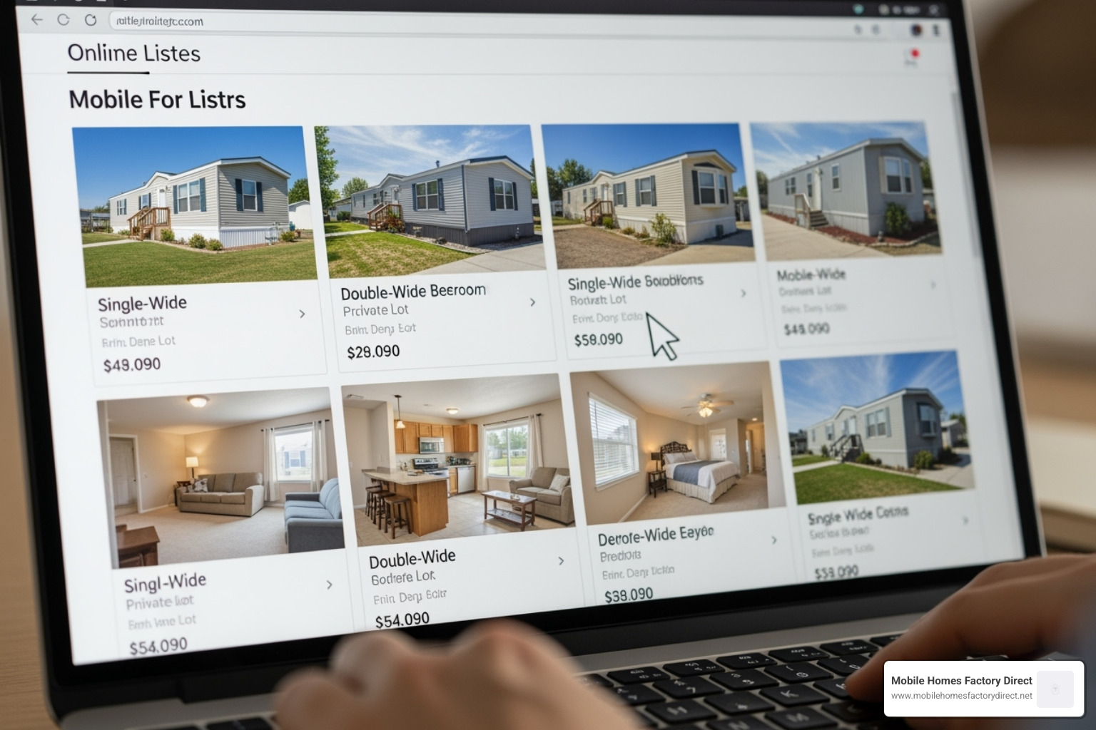 a person browsing online listings for mobile homes on a laptop - repossessed double wide mobile homes for sale