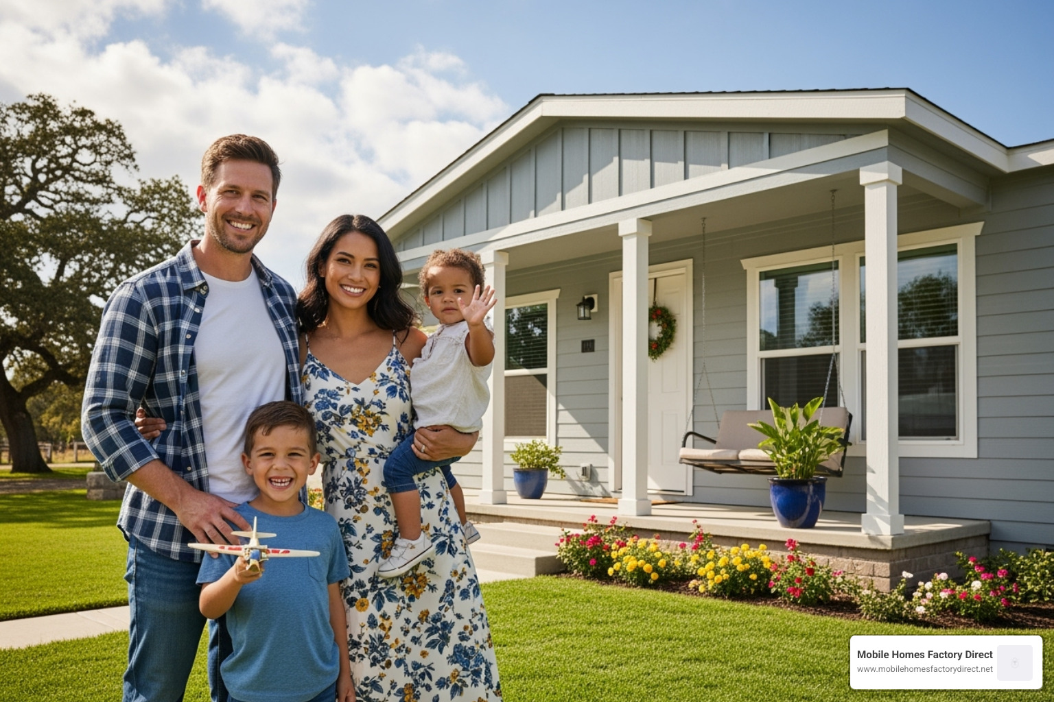 a family happily standing in front of their double wide home - repossessed double wide mobile homes for sale