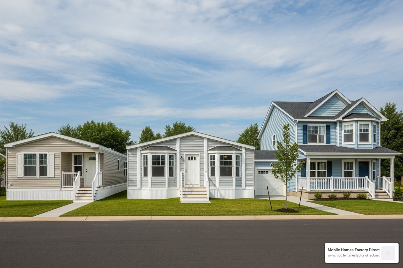 a single-wide, double-wide, and modular home in a row to show variety - Manufactured home factory direct