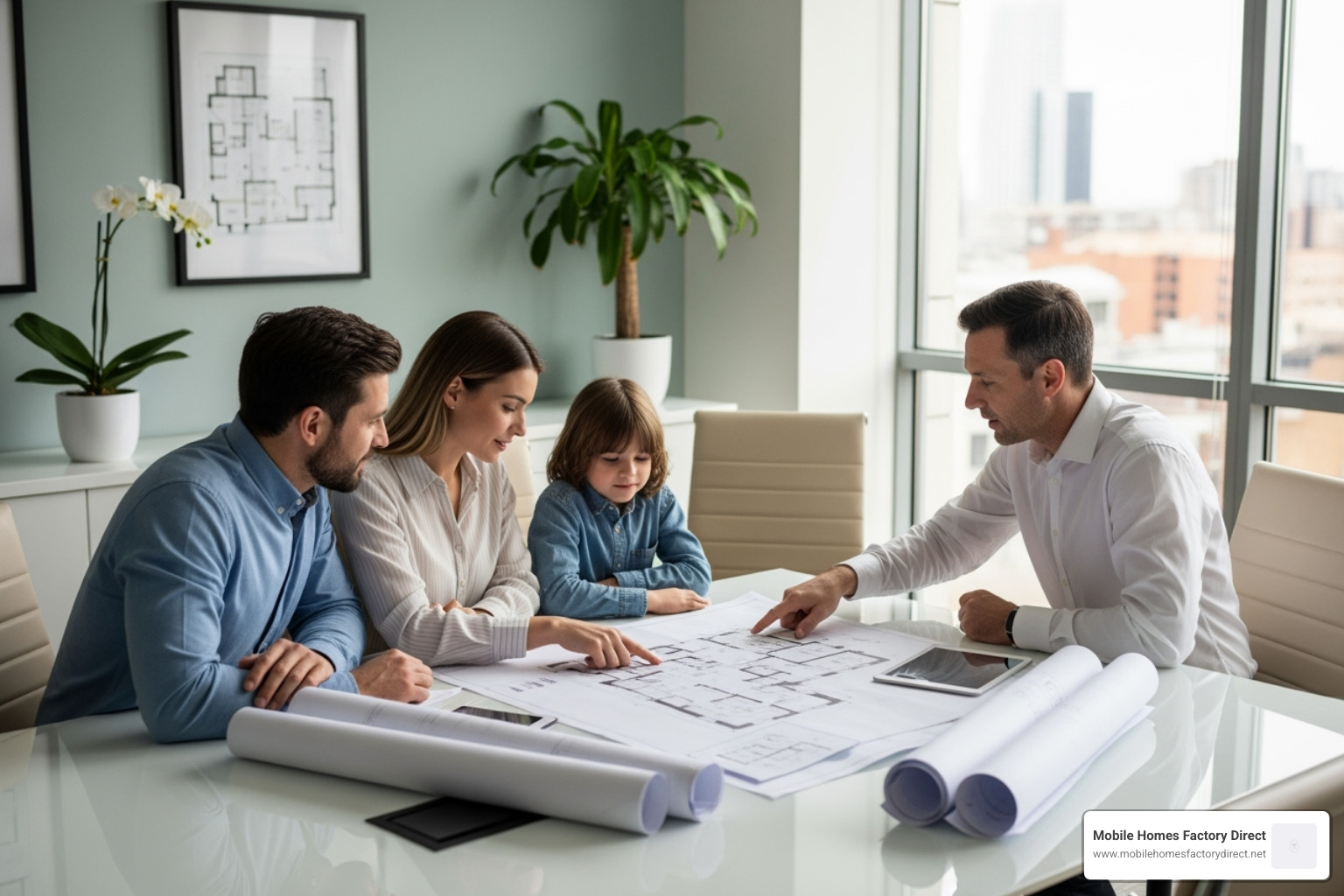 a family reviewing floor plans with a housing consultant - Manufactured home factory direct