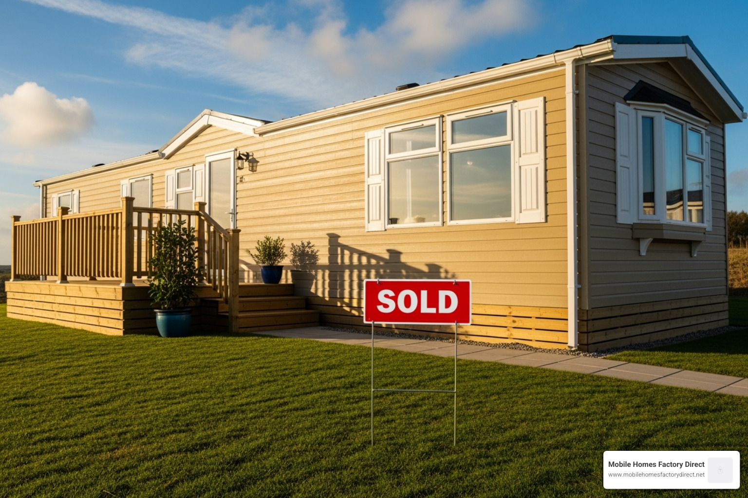 Sold sign in front of a refurbished mobile home - repossessed mobile home dealers
