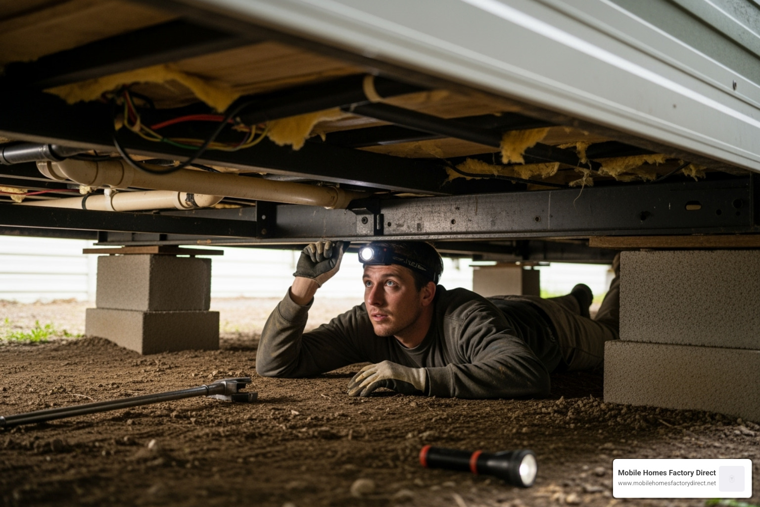 Someone inspecting the underbelly of a mobile home - repossessed mobile home dealers