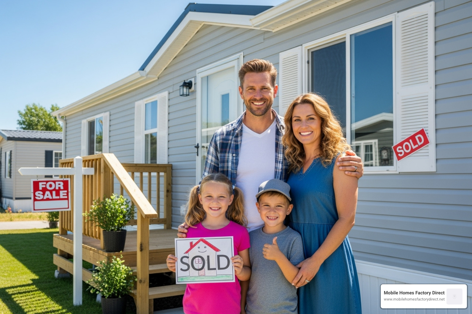 Family happily standing in front of their newly purchased used mobile home - repossessed mobile home dealers