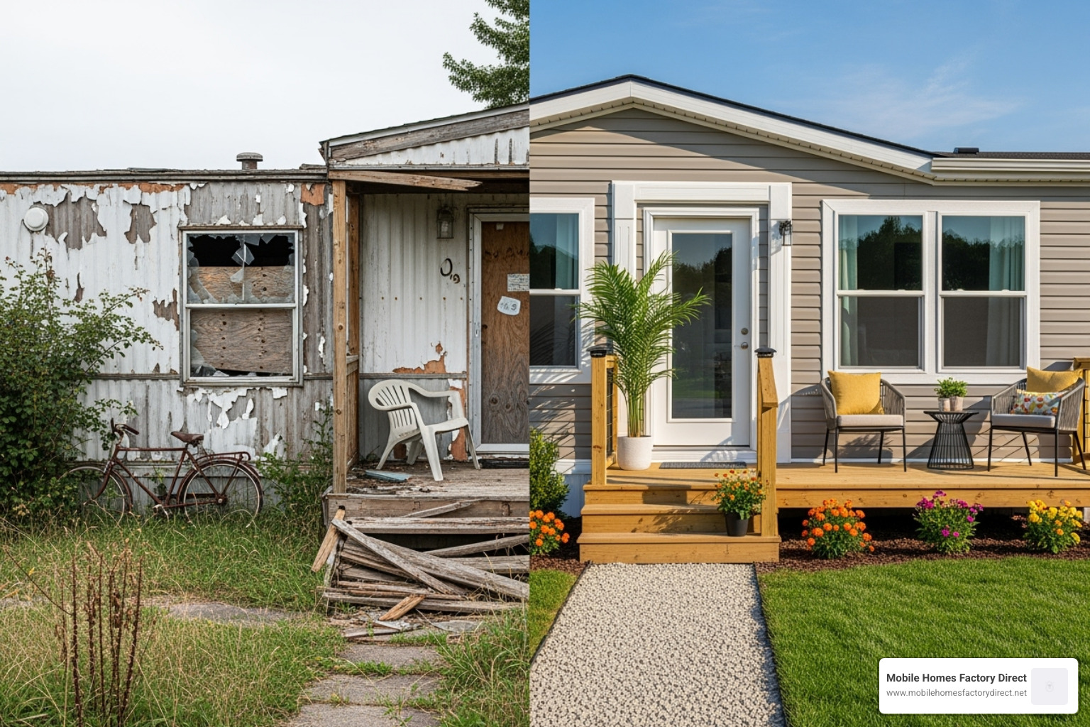 split screen showing a fixer-upper side and a beautifully renovated side of a mobile home - repossessed mobile home near me