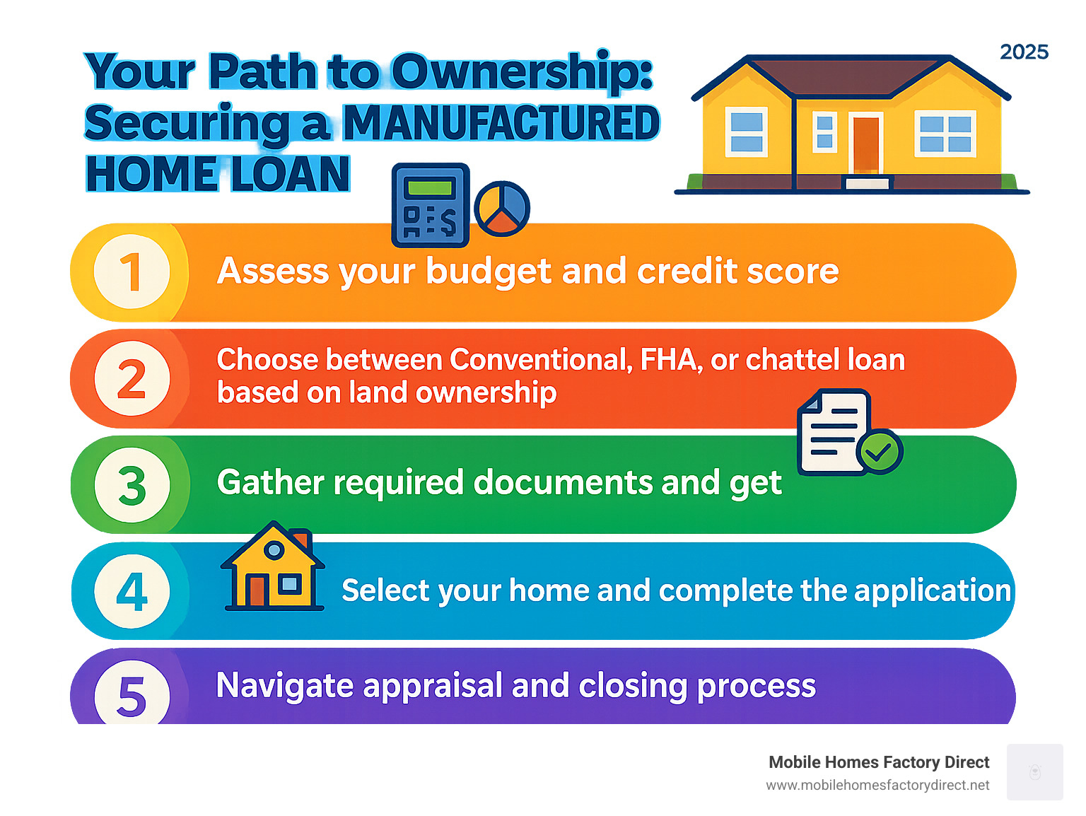 Infographic showing the 5 key steps to securing a manufactured home loan: 1) Assess your budget and credit score, 2) Choose between conventional, FHA, or chattel loan based on land ownership, 3) Gather required documents and get pre-approved, 4) Select your home and complete the application, 5) Steer appraisal and closing process - Manufactured home loan infographic 