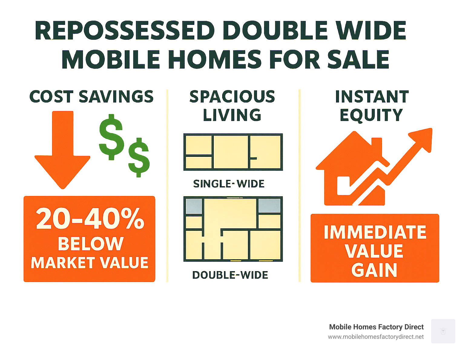 Infographic showing the three main benefits of buying repossessed double wide mobile homes: 1) Cost Savings of 20-40% below market value with dollar signs and downward arrow, 2) Spacious Living with floor plan showing double-wide layout compared to single-wide, 3) Instant Equity with house icon and upward trending graph showing immediate value gain - repossessed double wide mobile homes for sale infographic 