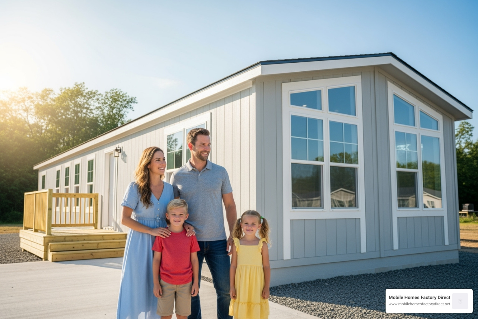 Family happily standing in front of their new manufactured home - Best mobile home
