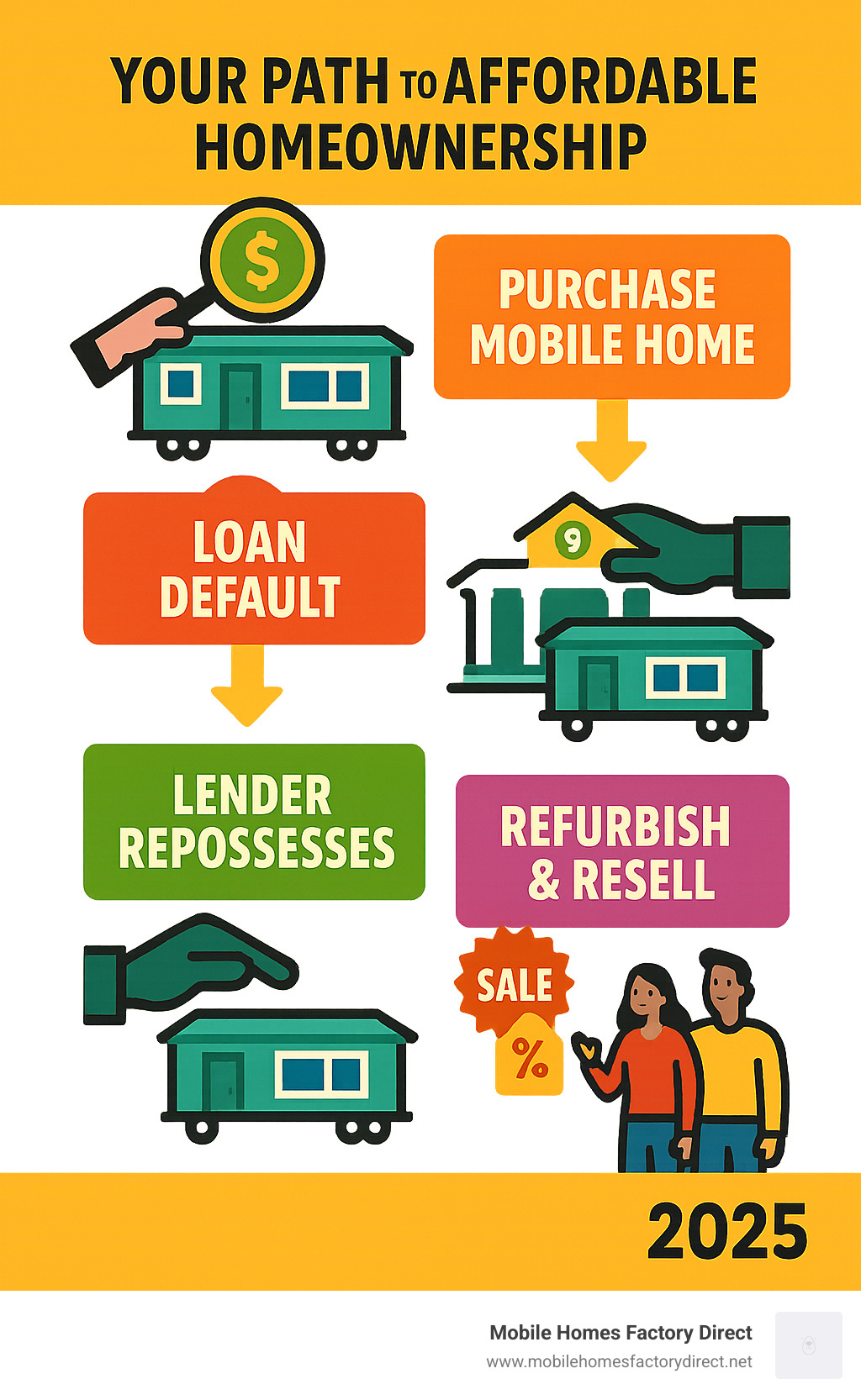 Infographic showing the journey of a mobile home from original purchase through loan default, lender repossession, refurbishment by dealers, and final resale to new buyers at discounted prices - repossessed mobile home dealers infographic 