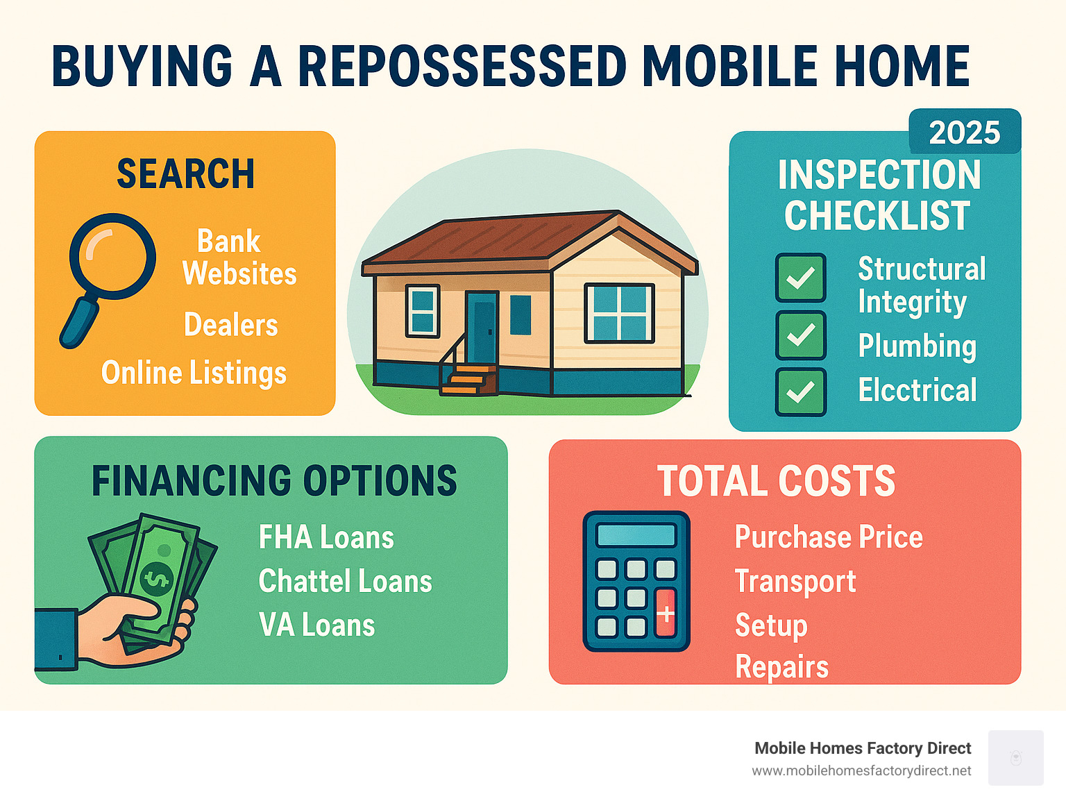 Infographic showing the complete process of buying a repossessed mobile home, including search methods (bank websites, dealers, online listings), inspection checklist (structural integrity, plumbing, electrical, roof condition), financing options (FHA loans, chattel loans, VA loans), and total costs breakdown (purchase price, transport, setup, repairs) - repossessed mobile home near me infographic 