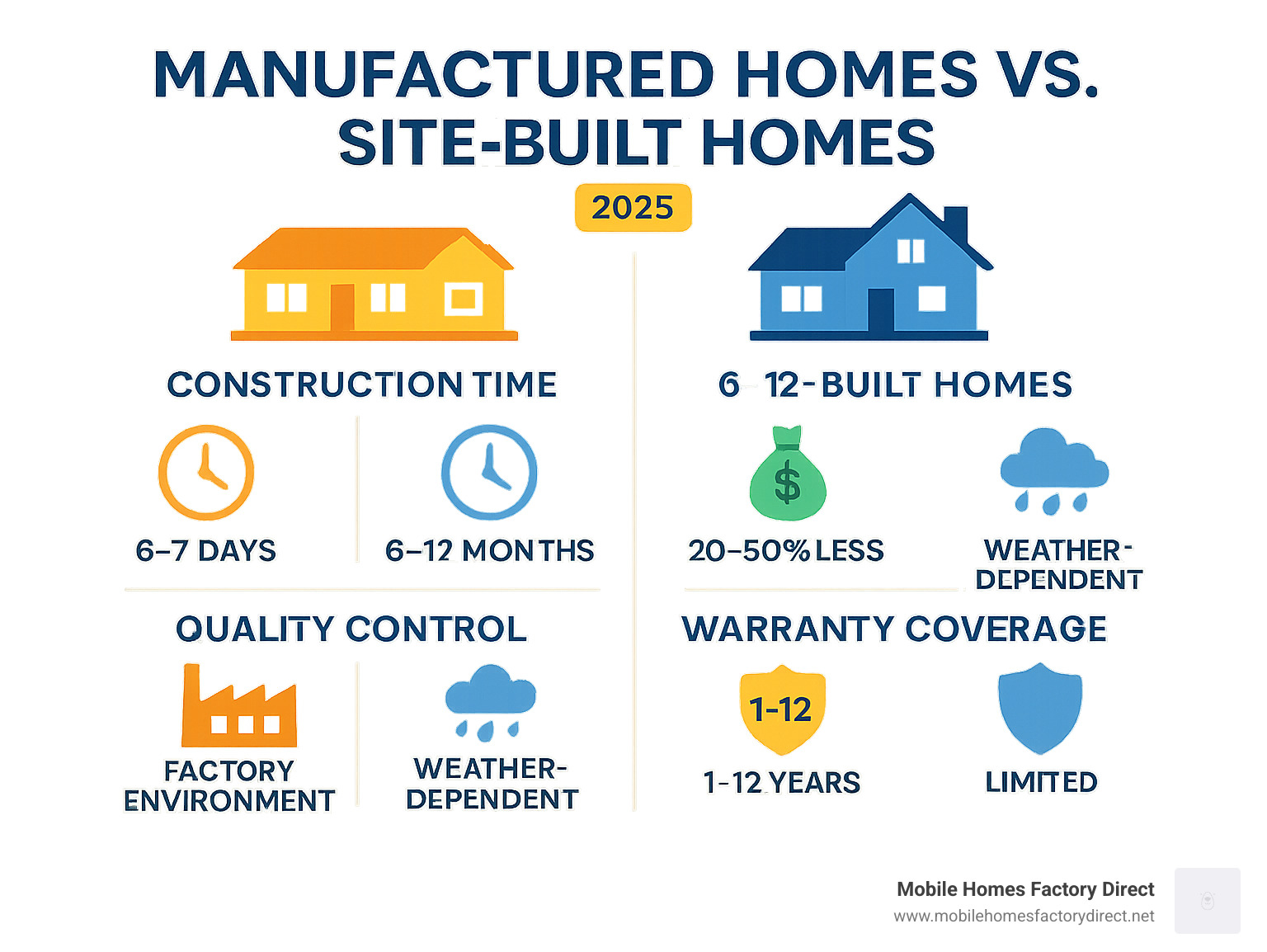 Infographic showing comparison between manufactured homes and site-built homes including construction time (6-7 days vs 6-12 months), cost savings (20-50% less), quality control (factory environment vs weather-dependent), and warranty coverage (1-12 years vs limited) - Best mobile home infographic 