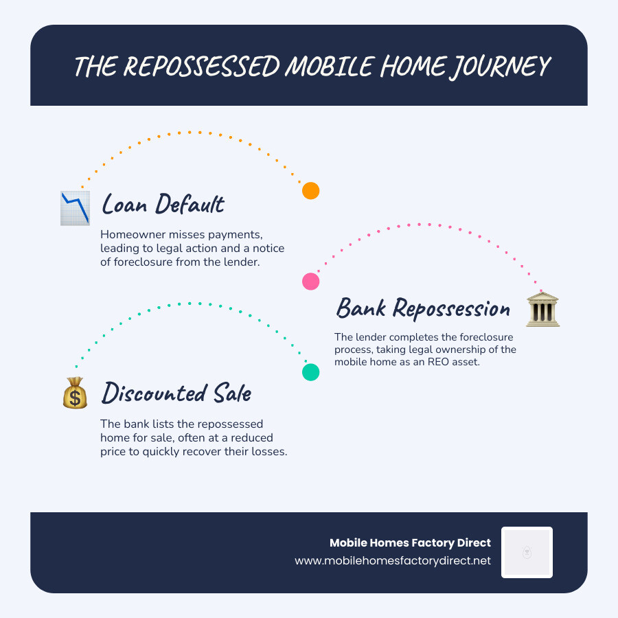 Infographic showing the repossession process from loan default to bank ownership to discounted sale, including timeline of missed payments leading to foreclosure notice, bank repossession, property listing, and final sale to new buyer - repossessed mobile homes infographic infographic-line-3-steps-blues-accent_colors