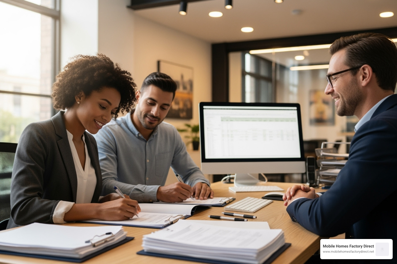 Couple signing financing paperwork with a loan officer