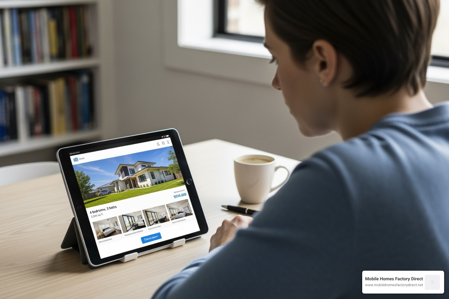 Person reviewing a property listing on a tablet - repossessed mobile homes
