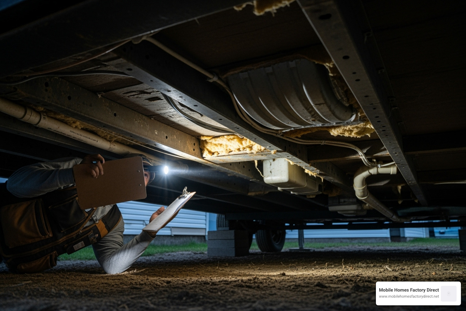 Person with a clipboard inspecting the underside of a mobile home - bank repo mobile homes for sale near me