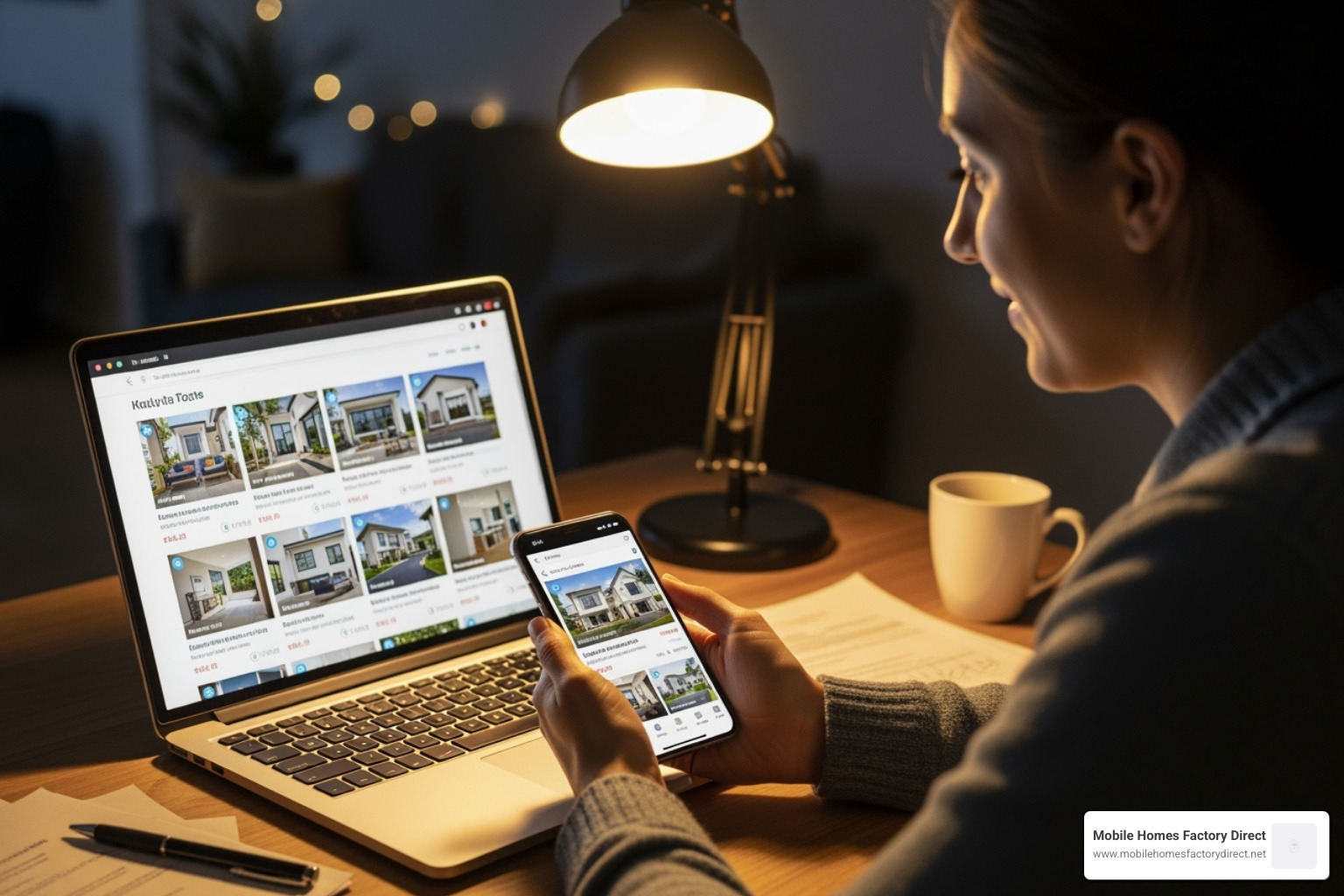 Person searching for homes on a laptop and phone - bank repo mobile homes for sale near me