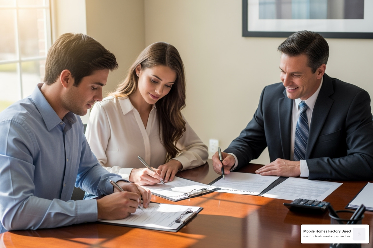 Couple signing documents with a loan officer - bank repo mobile homes for sale near me
