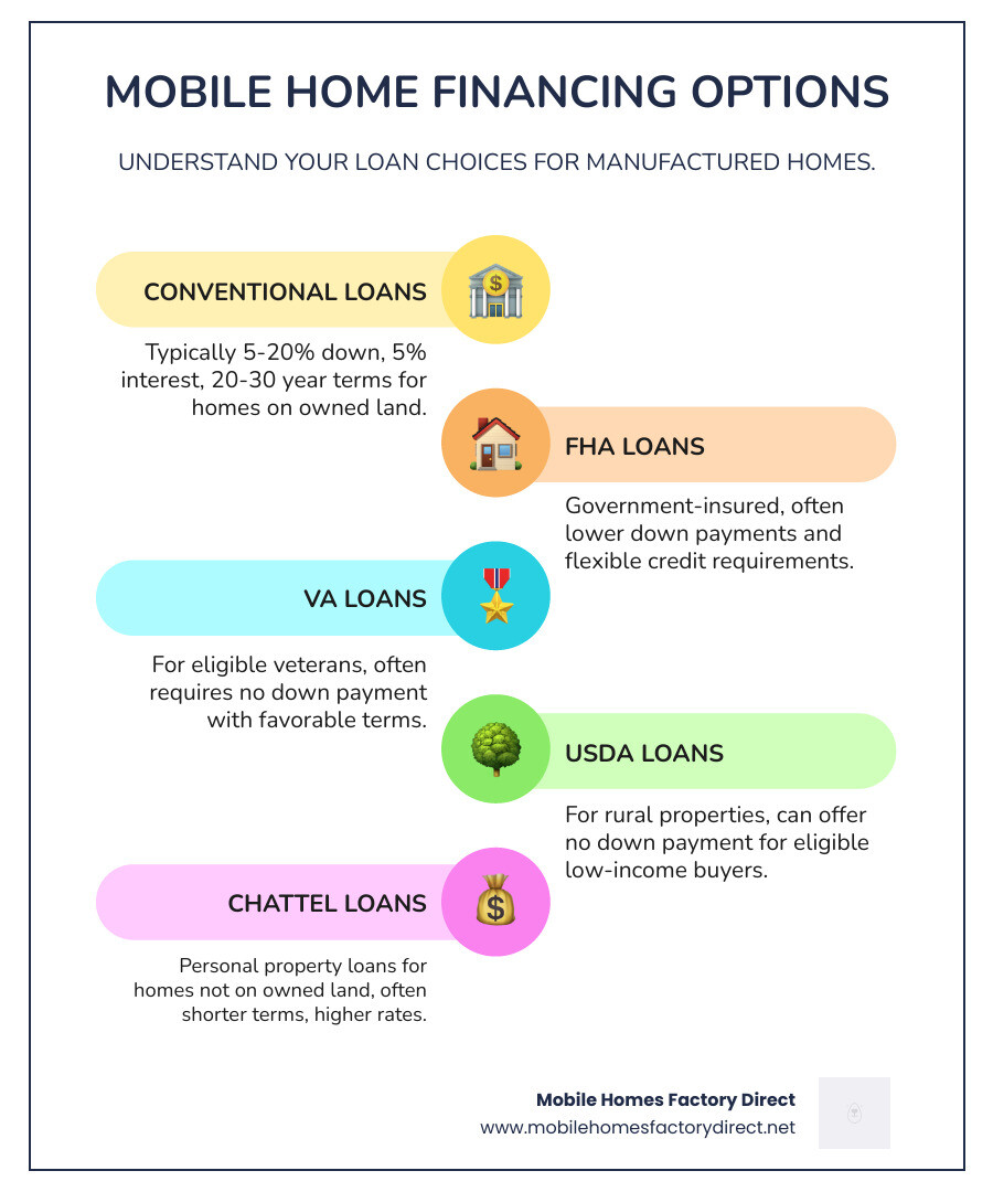 Infographic displaying various mobile home financing options and their key characteristics - Mobile home prices infographic infographic-line-5-steps-colors