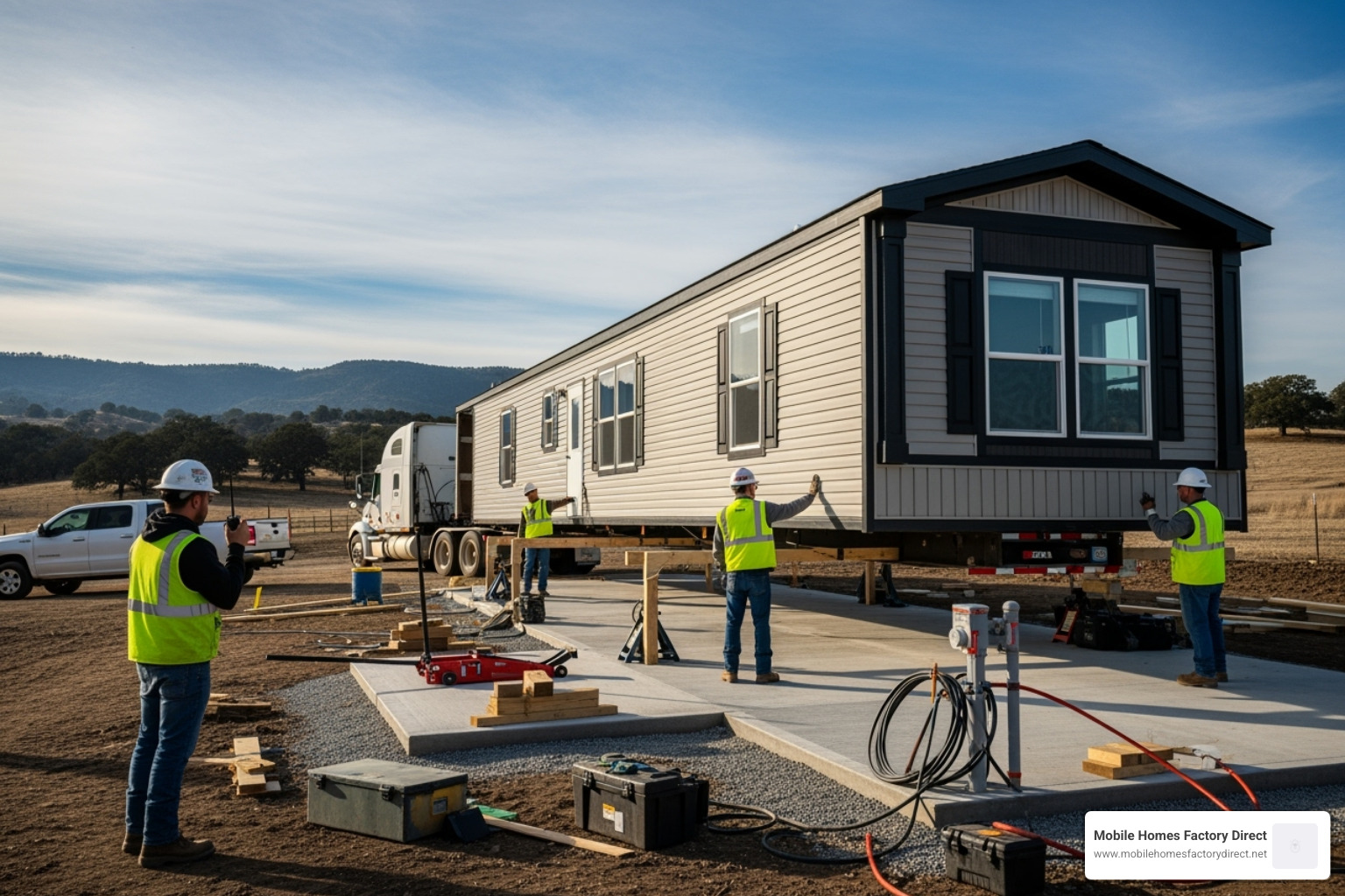 Image of a mobile home being delivered and set up on a prepared site - Mobile home prices