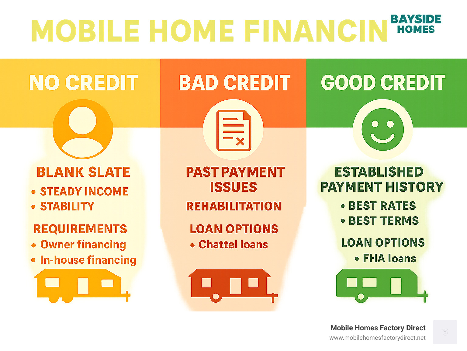 Infographic showing three credit categories: No Credit (blank slate, focuses on income and stability), Bad Credit (past payment issues, needs rehabilitation), and Good Credit (established payment history, best rates and terms). Each category shows typical requirements and available loan options for mobile home financing. - No credit mobile homes infographic 