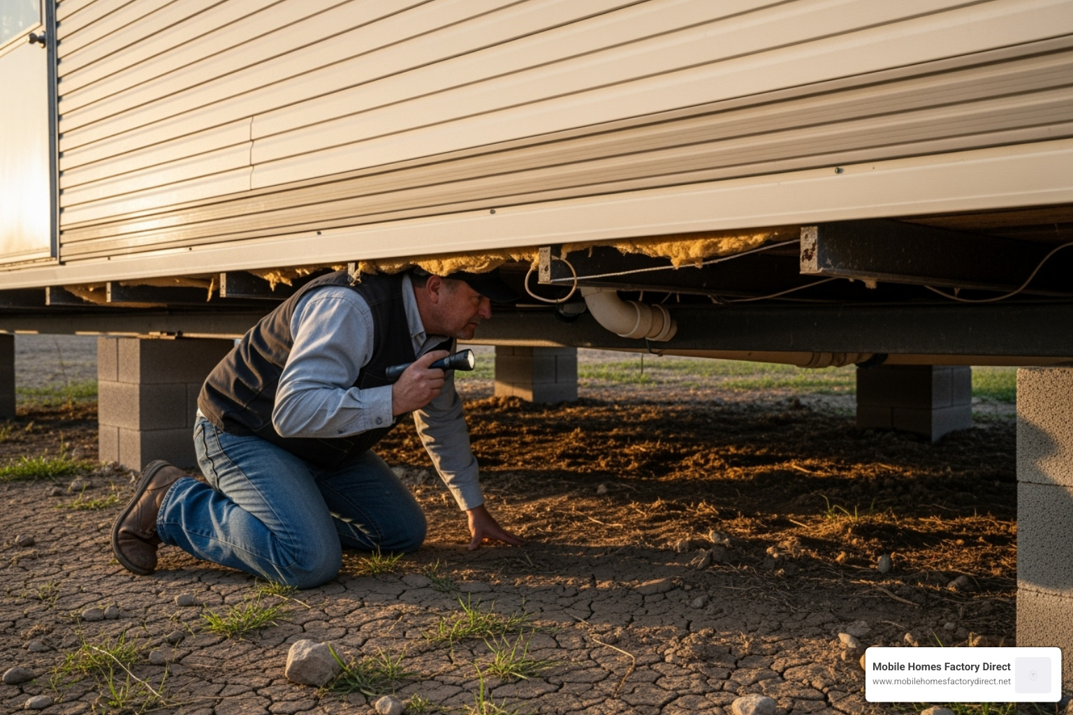 Image of a person inspecting the underside of a mobile home - repossessed single wide mobile homes