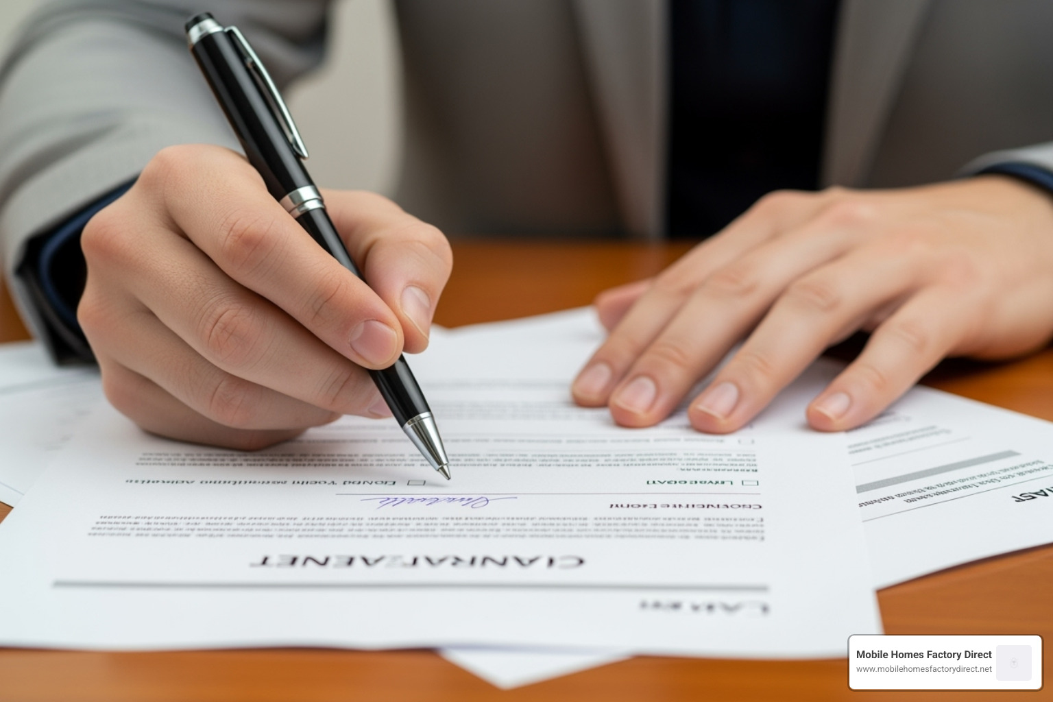 Image of a person signing loan documents - repossessed single wide mobile homes