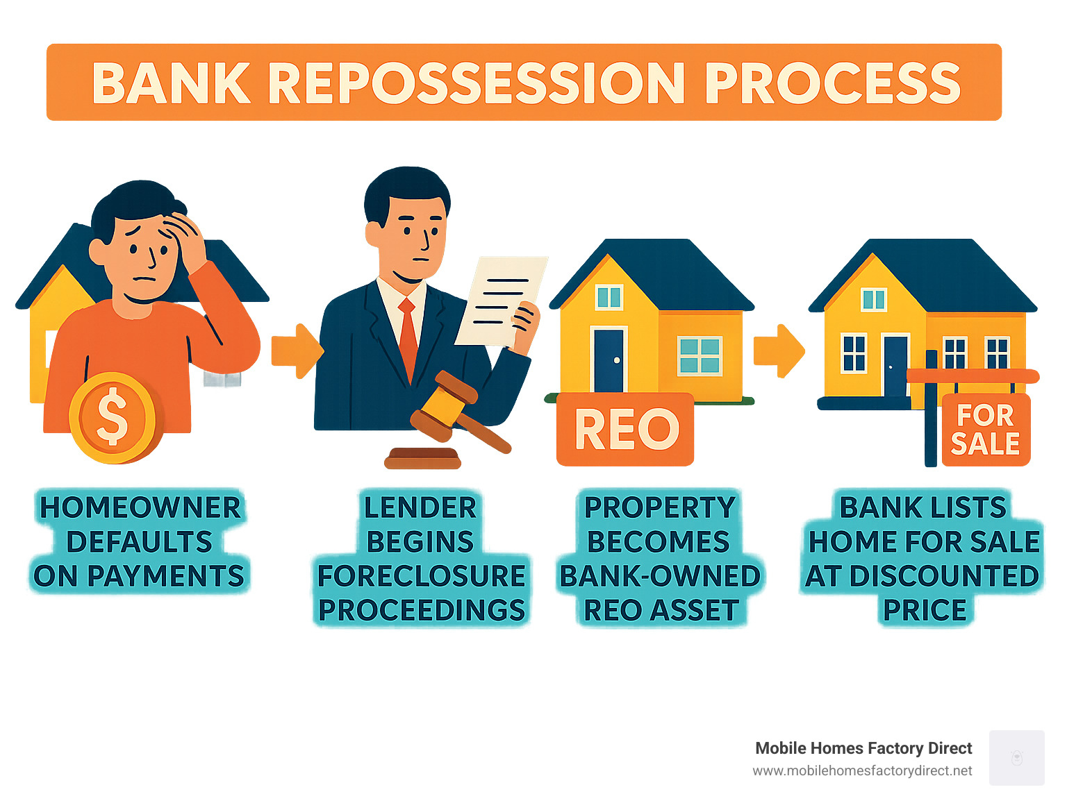 Infographic showing the bank repossession process: homeowner defaults on payments, lender begins foreclosure proceedings, property becomes bank-owned REO asset, bank lists home for sale at discounted price to recover losses quickly - bank repo mobile homes for sale near me infographic 