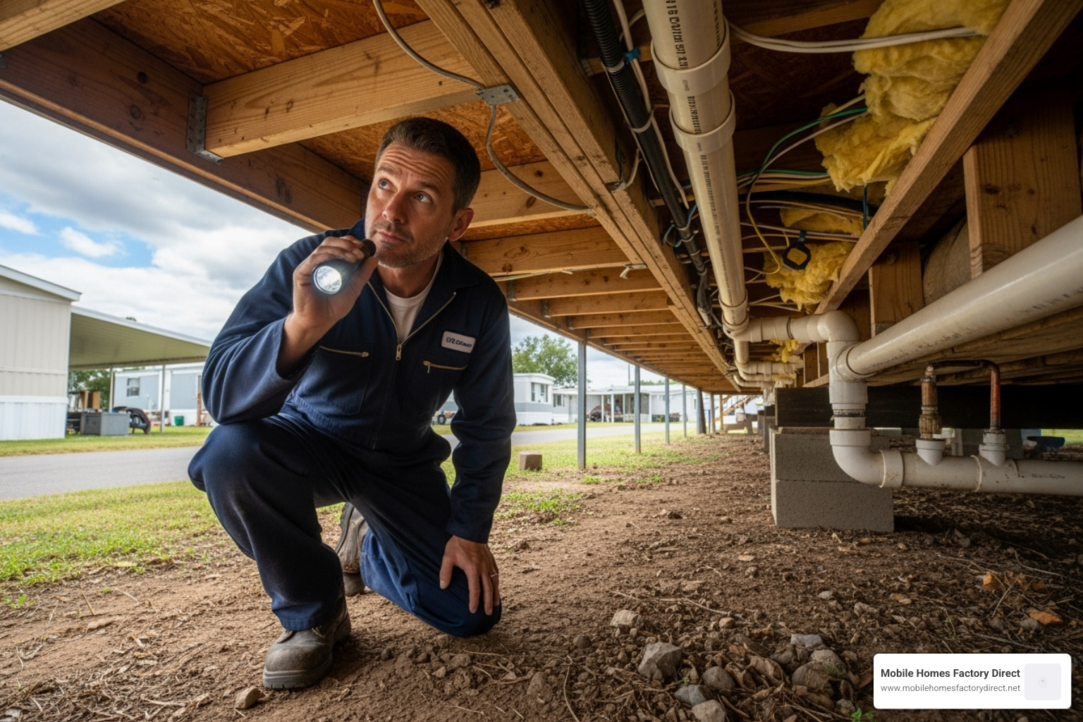 person inspecting mobile home underside - bank mobile home repos